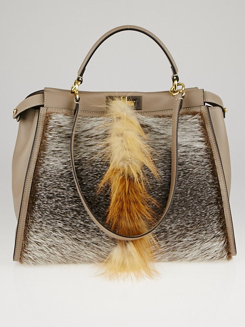 Fendi Taupe Leather and Fox Fur Peekaboo Large Satchel Bag 8BN210 Yoogi s Closet