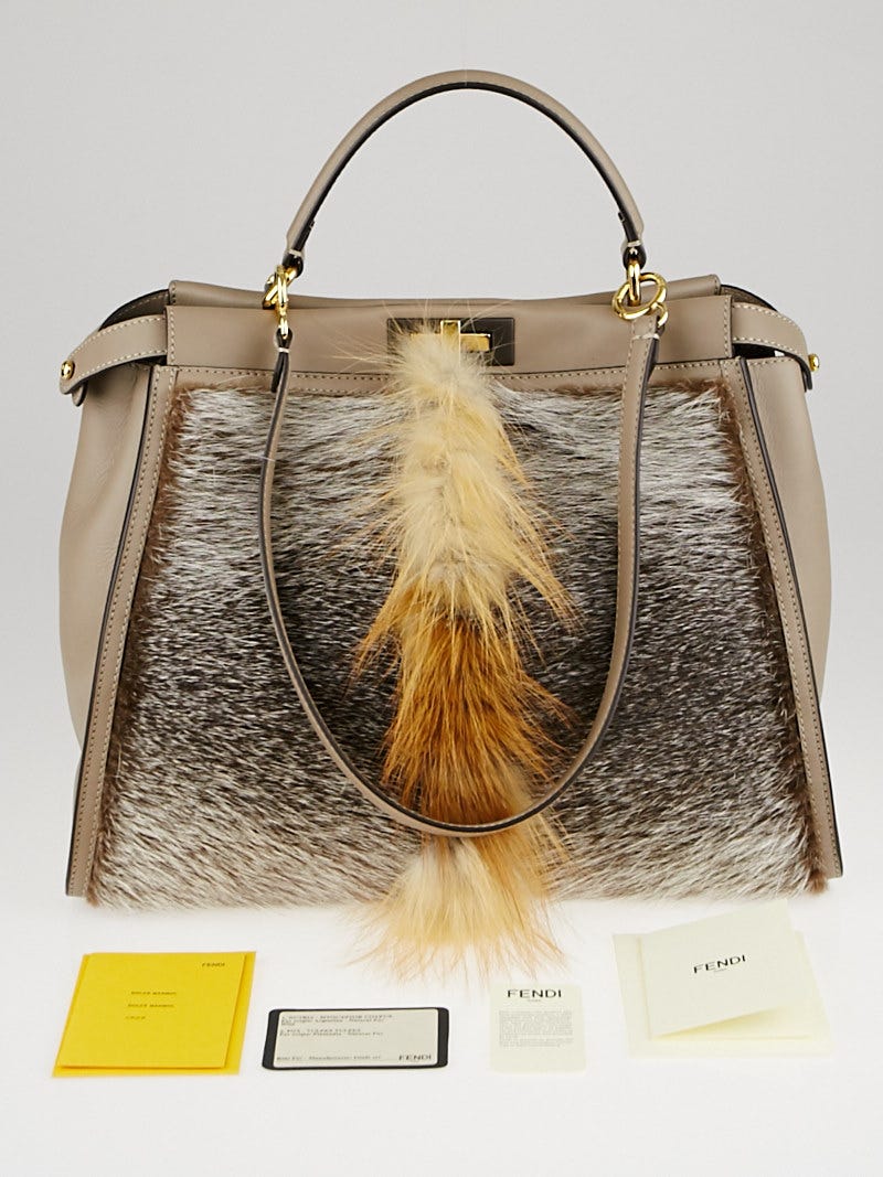 Fendi Taupe Leather and Fox Fur Peekaboo Large Satchel Bag 8BN210