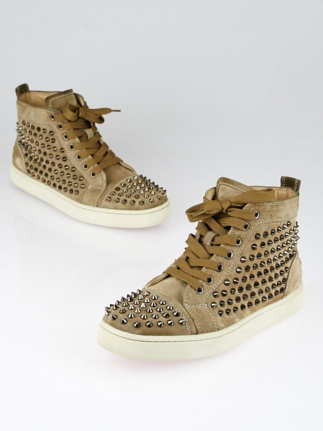 Christian Louboutin Taupe Suede Gunmetal Spikes Louis High-Top Sneakers Size 8.5/39