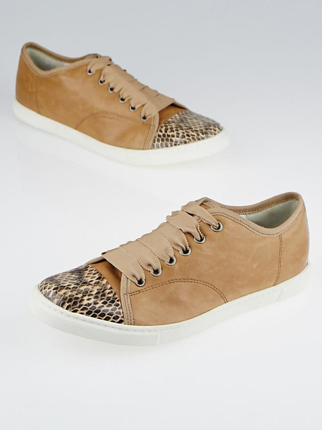 Lanvin Tan Leather Snakeskin Cap Toe Low-Top Sneakers Size 7.5/38