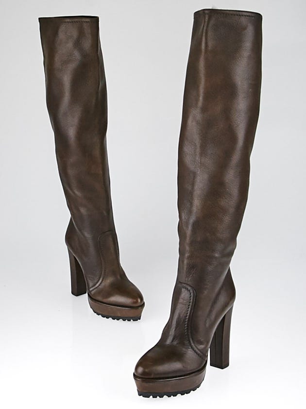 Prada Brown Leather Platform Tall Boots Size 7/37.5