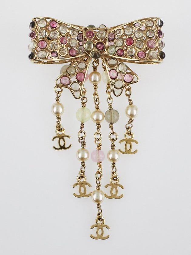 Chanel Multicolor Gripoix Poured Glass and Faux Pearl Bow Brooch