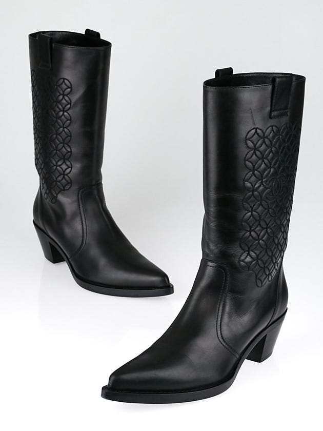 Chanel Black Leather CC Cowboy Boots Size 10/40.5