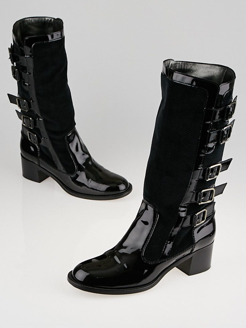 Chanel Black Patent Leather and Velvet Buckle Boots Size 10.5/41 - Yoogi's  Closet