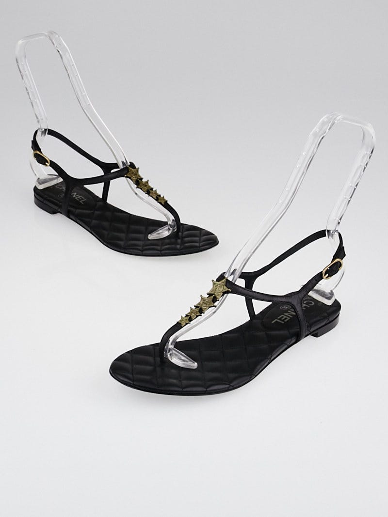 Chanel Black Leather Paris-Dallas Star T-Strap Thong Sandals Size 9/39.5 -  Yoogi's Closet