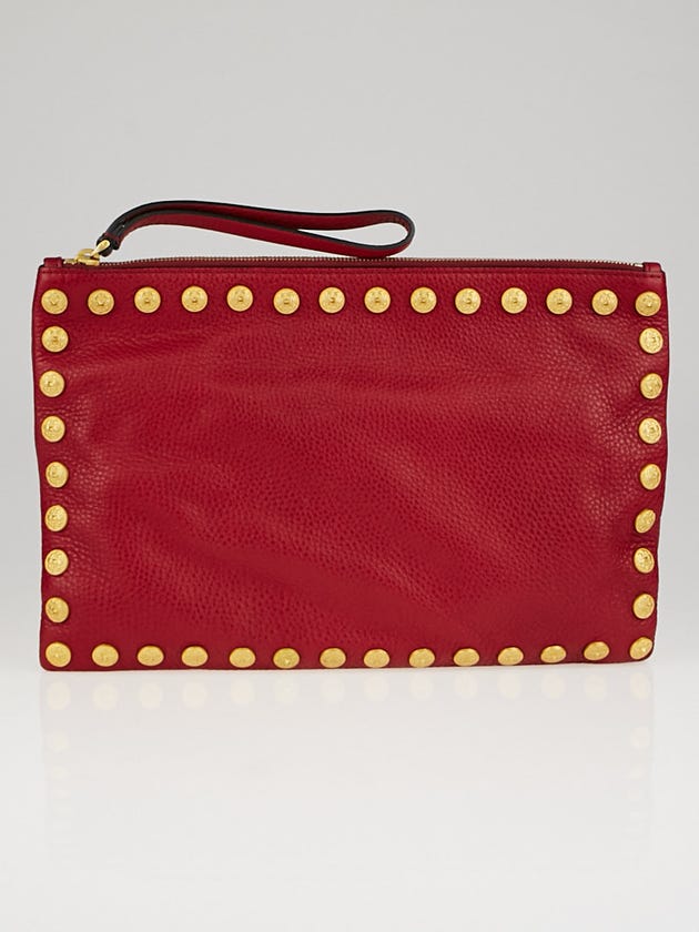 Valentino Red Pebbled Leather Gryphon Stud Clutch Bag