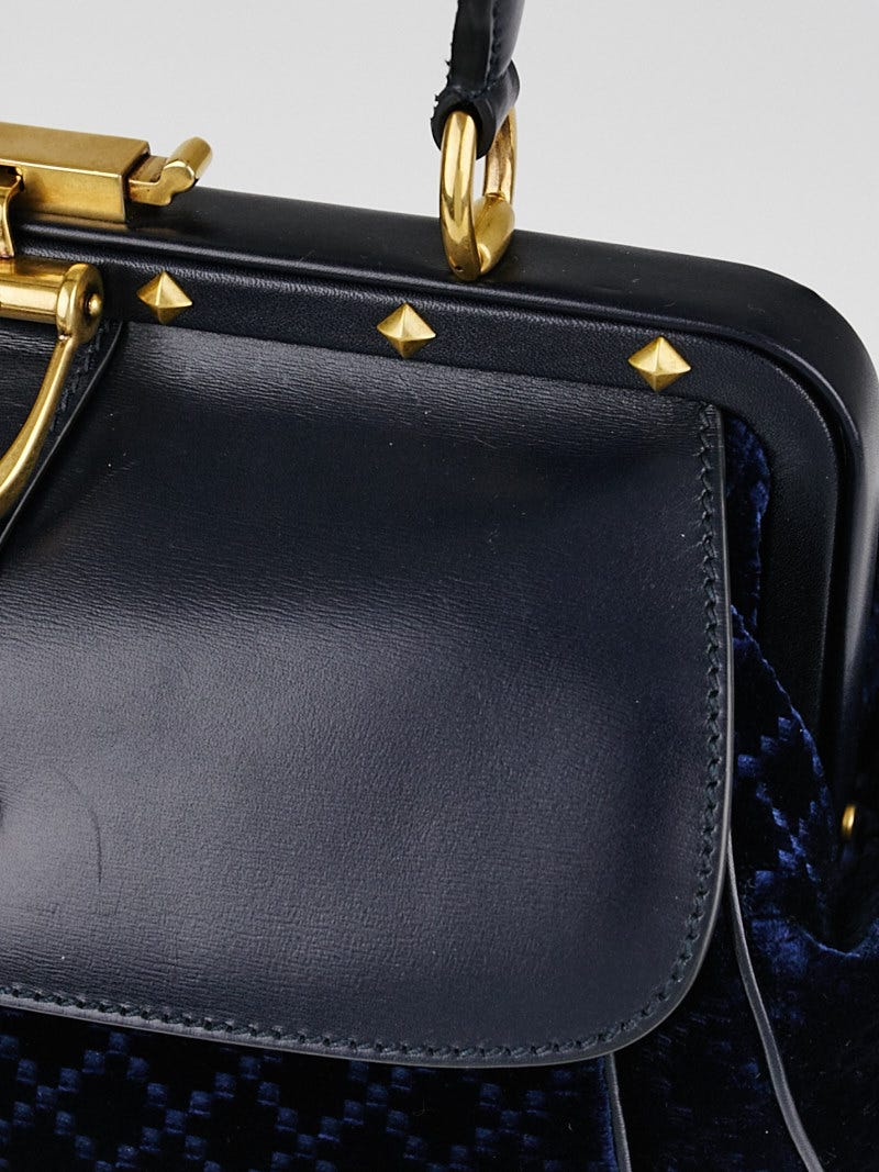 Gucci Blue Diamante Velvet and Leather Lady Stirrup Top-Handle Bag