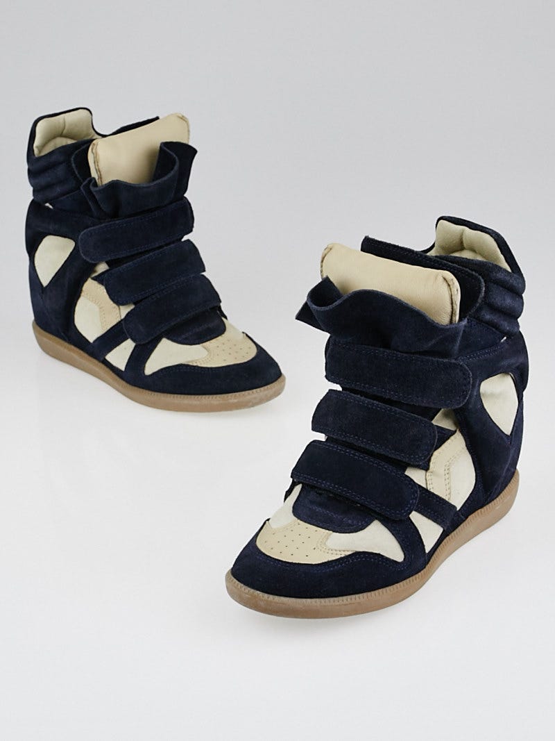 mikrofon Far Odysseus Isabel Marant Navy Blue Grey and Leather Bekett Sneaker Wedges Size 5.5/36  - Yoogi's Closet