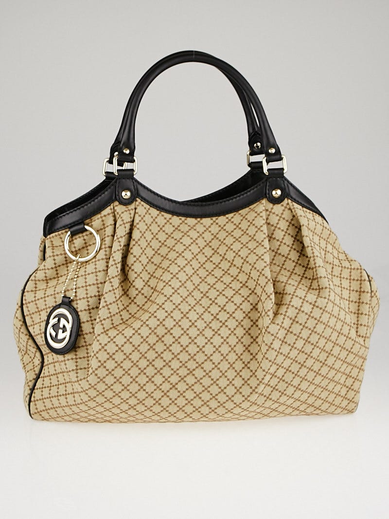 Gucci Beige/Black Diamante Canvas Large Sukey Tote Bag - Yoogi's Closet