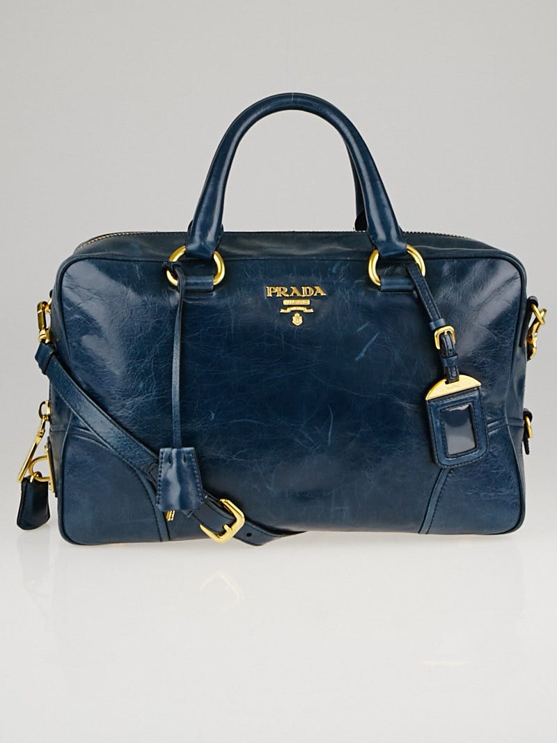 正規代理店 Prada Denim BL0821 Bag Bauletto leather Shine Vitello Blue バッグ