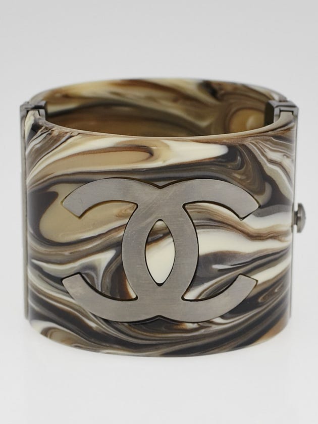 Chanel Brown Printed Marble Resin Wide Cuff Bracelet
