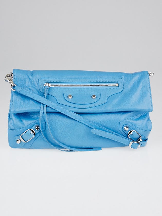 Balenciaga Bleu Azur Clair Lambskin Leather Envelope Clutch Crossbody Bag w/ Strap