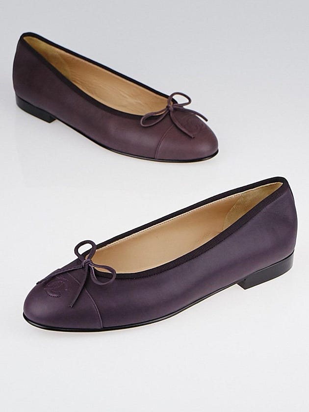 Chanel Dark Burgundy Iridescent Leather CC Cap Toe Ballet Flats Size 7/37.5