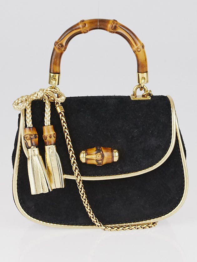 Gucci Black Suede Bamboo Night Evening Bag