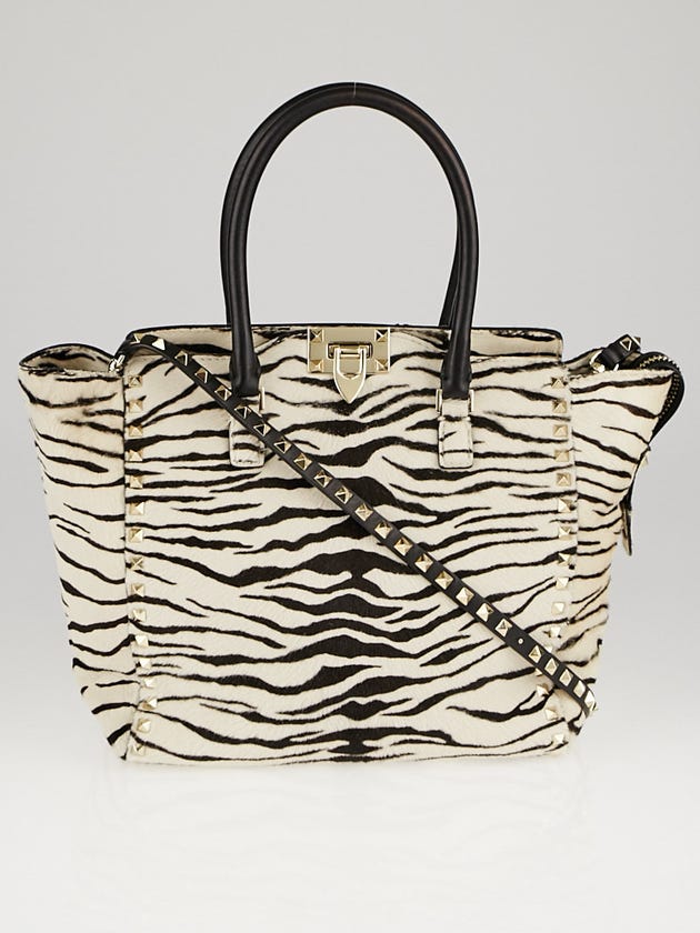Valentino Black/White Tiger Striped Pony Hair Rockstud Double Handle Tote Bag