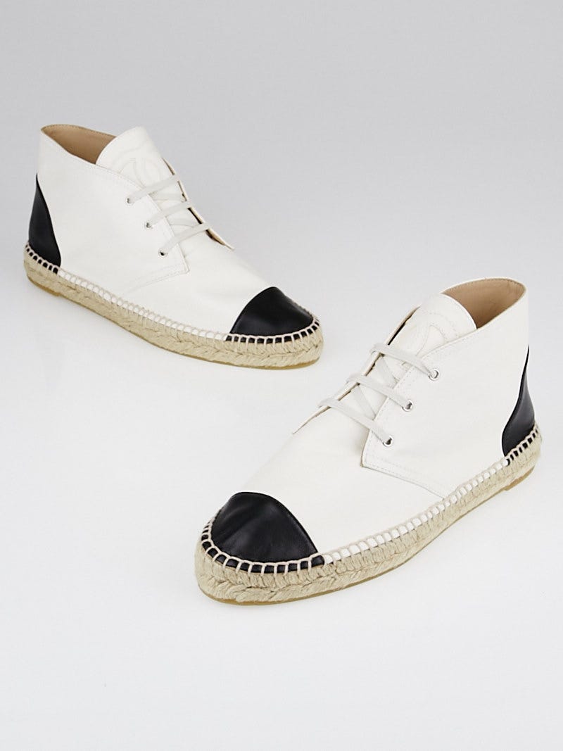 Chanel White Black Lambskin Leather CC Espadrille High Tops Size 9.5 40 Yoogi s Closet