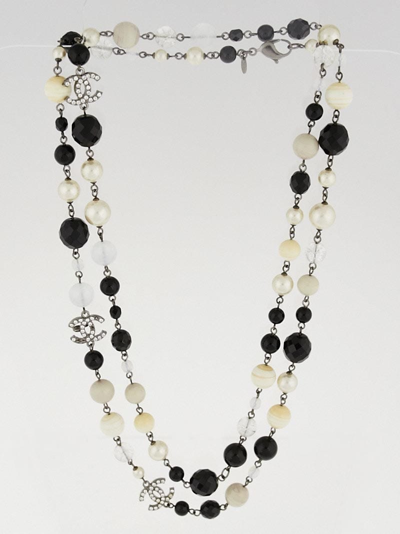 Chanel Black/White Glass Bead and Crystal CC Long Necklace
