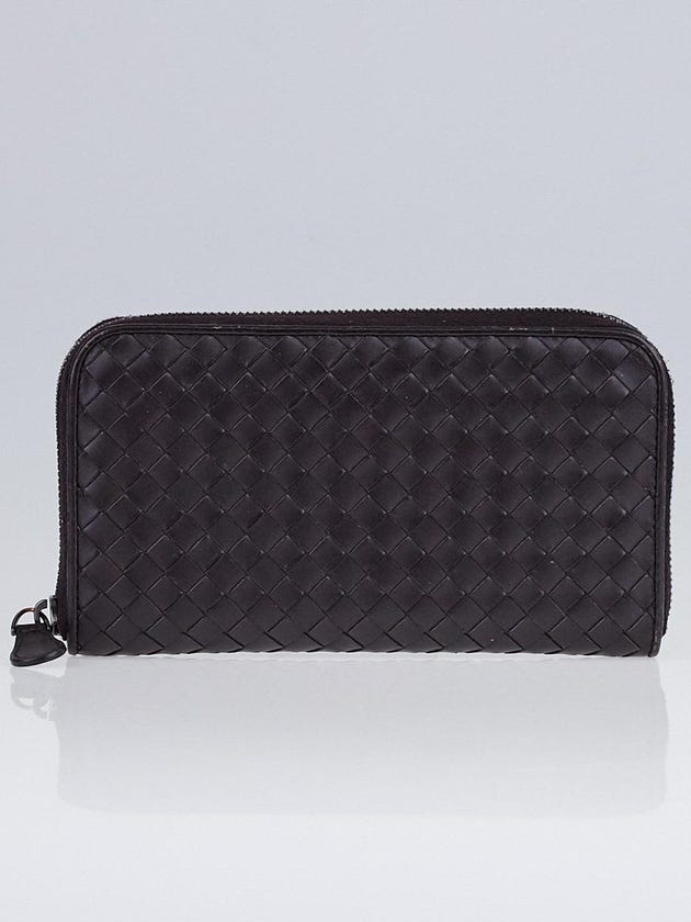 Bottega Ebano Intrecciato Woven Nappa Leather Zip Around Wallet