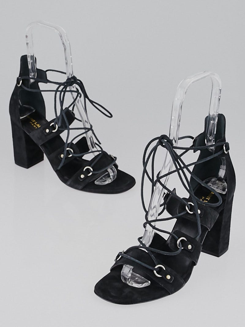 Black suedette low block heel ghillie sandals new arrivals