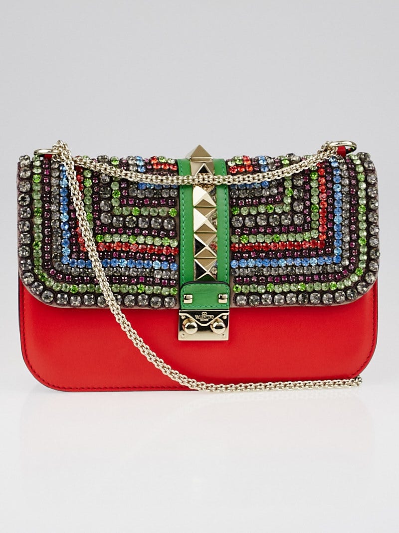 Valentino Red Multicolor Leather and Crystal Rockstud Glam Lock Flap Bag
