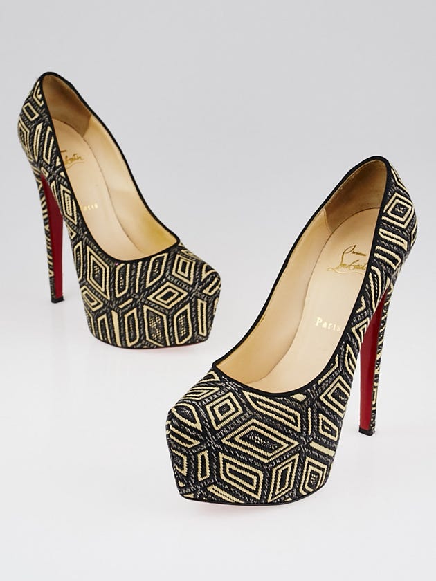Christian Louboutin Black/Beige Panama Geometrico Fabric Daffodile 160 Pumps Size 8.5/39
