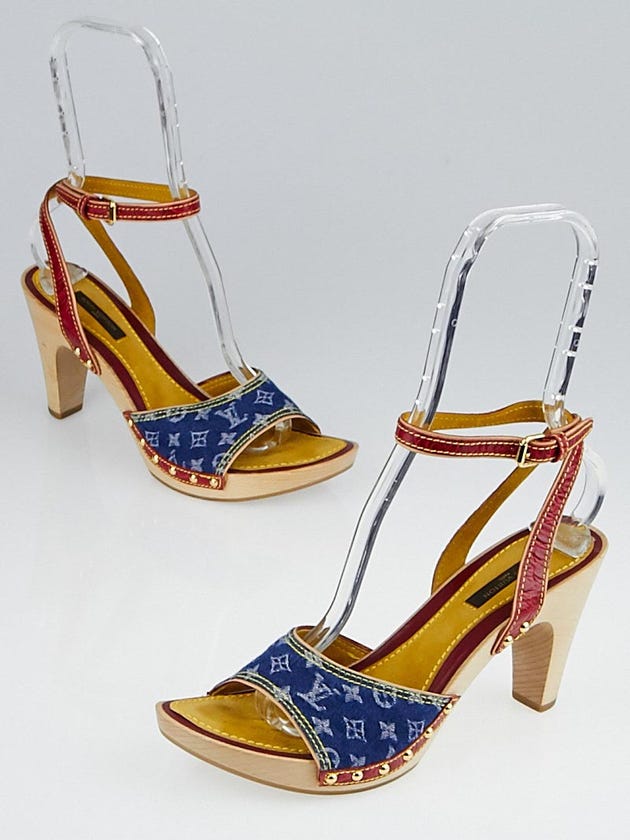 Louis Vuitton Blue Denim Monogram Denim Red Embossed Leather Ankle Wrap Clogs Size 8.5/39