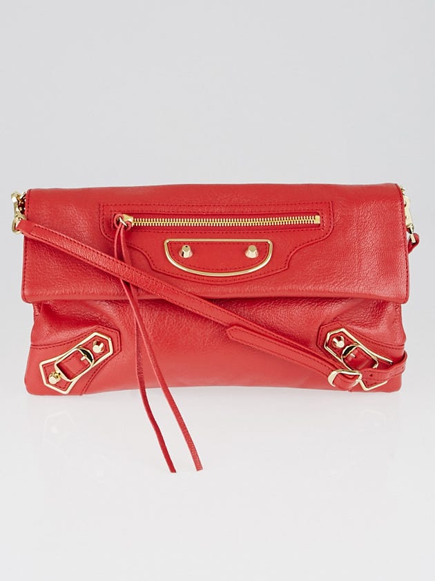 Balenciaga Rouge Grenade Chevre Leather Metallic Edge Envelope Clutch Crossbody Bag w/ Strap