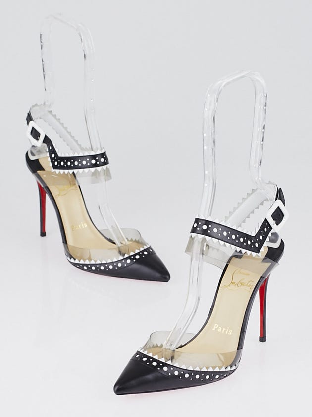 Christian Louboutin Black/White Leather and PVC Chouette Pinked-Edge Pumps Size 4.5/35