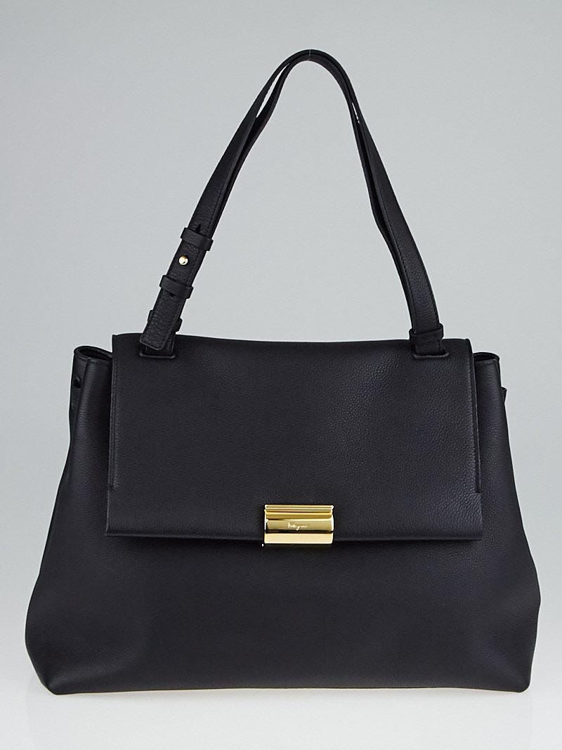 人気満点 Salvatore Ferragamo Black Pebbled Leather Medium Ginger Tote Bag | Yoogi's  Closet 靴