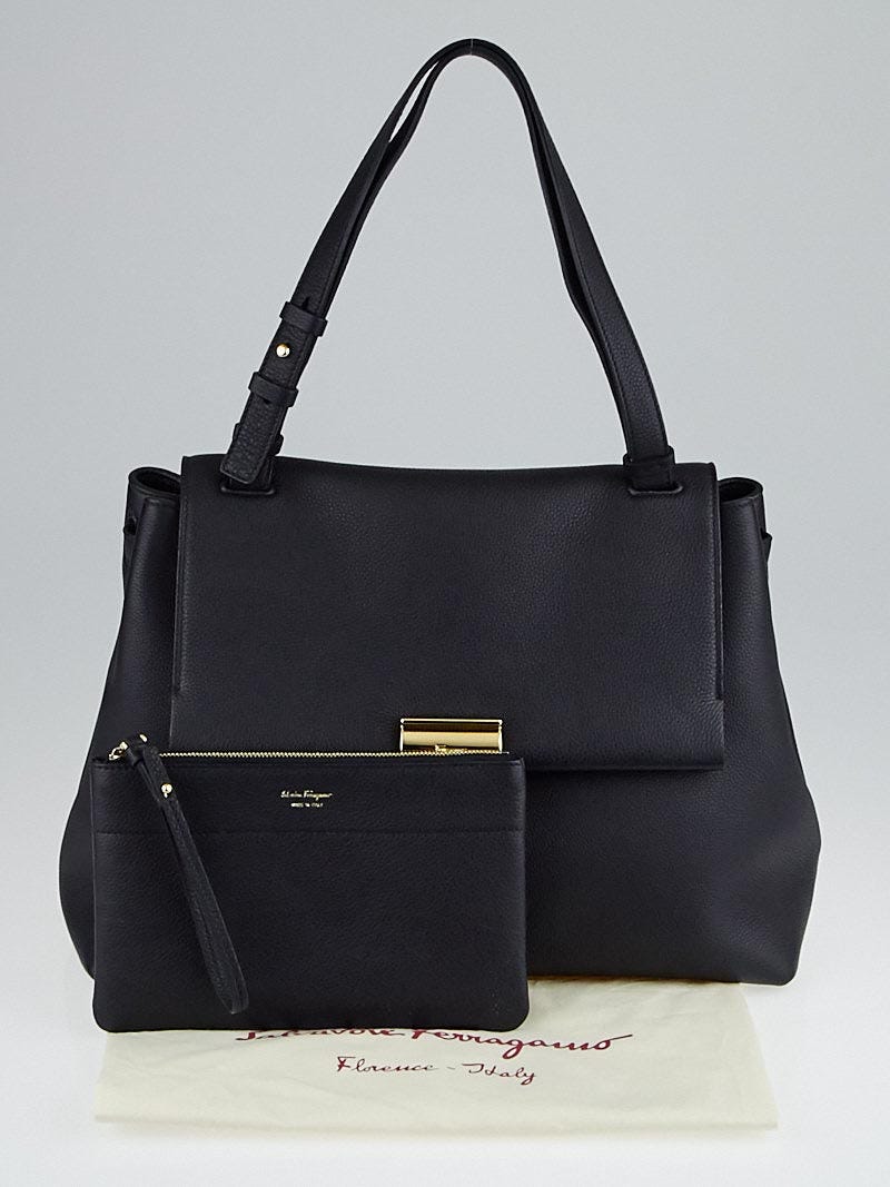 Salvatore Ferragamo Black Pebbled Leather Medium Ginger Tote Bag | Yoogi's  Closet