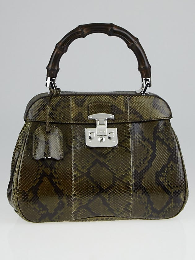 Gucci Dark Khaki Python Lady Lock Bamboo Top Handle Bag