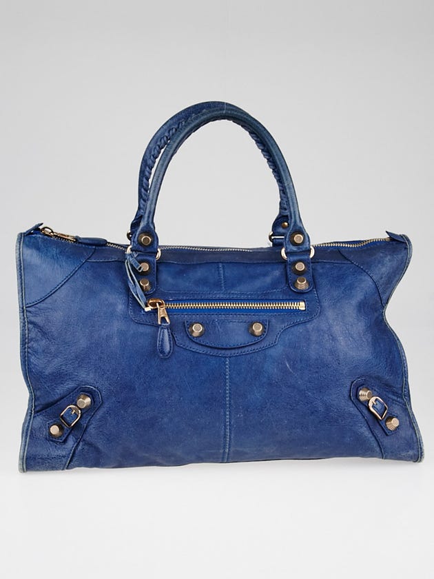 Balenciaga Bleu Cobalt Lambskin Leather Giant 12 Rose Gold Work Bag