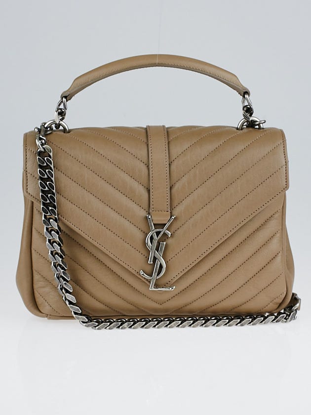 Yves Saint Laurent Taupe Chevron Quilted Leather Monogram Medium College Bag