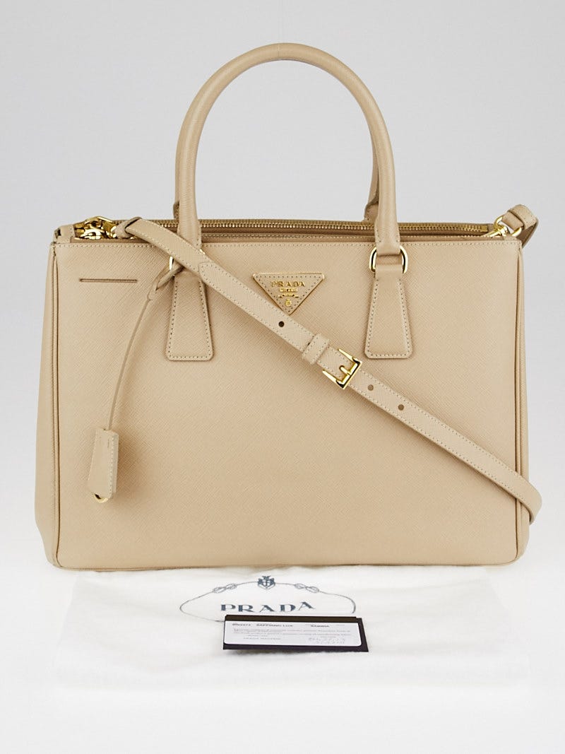 PRADA★ビジネスバッグ ベージュと青　美品　鍵付き Prada Sabbia Saffiano Lux Leather Medium Double Zip Tote Bag