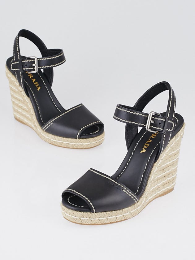 Prada Black Leather Peep-Toe Espadrille Wedges Size 6.5/37