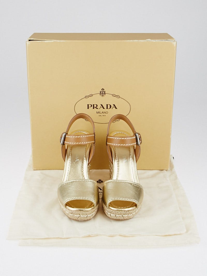 Prada Gold/Brown Leather Open Toe Espadrille Wedges Size 5.5