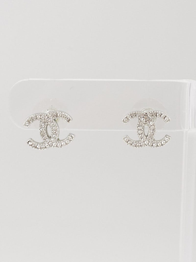 Chanel Silvertone Crystal CC Stud Earrings - Yoogi's Closet