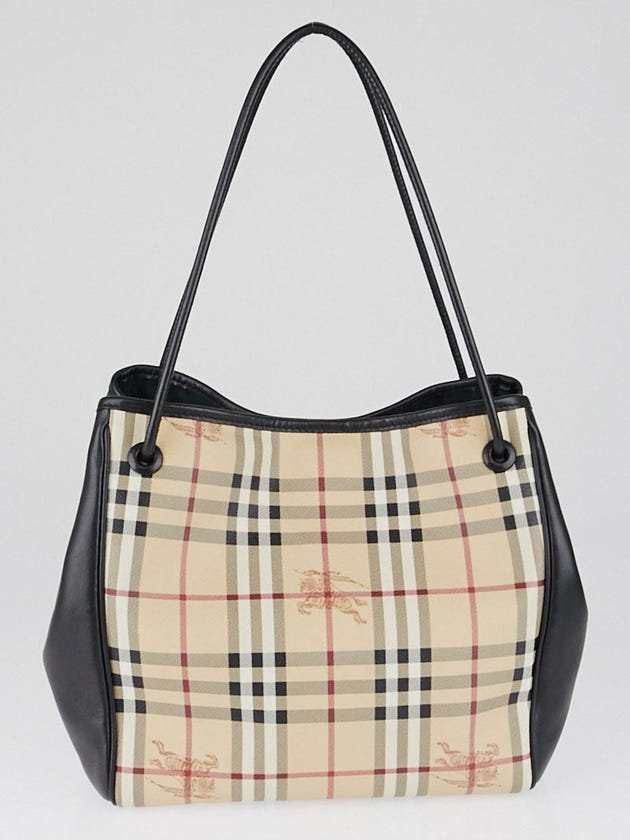 Burberry Black Leather Haymarket Check Coated Canvas Knots Small Canterbury Tote Bag