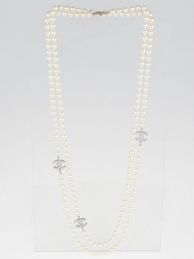 Chanel Glass Pearl Triple CC Logo Long Necklace