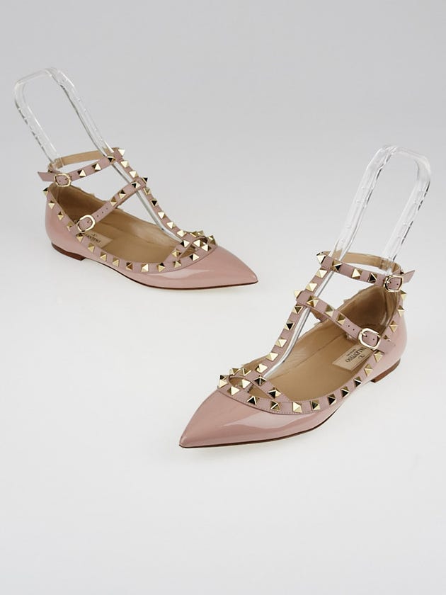 Valentino Nude Patent Leather Rockstud T-Strap Flats Size 6.5/37