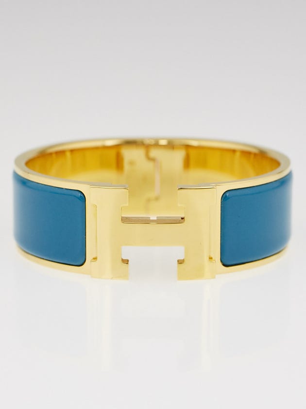 Hermes Indian Blue Enamel Gold Plated Clic-Clac H PM Wide Bracelet
