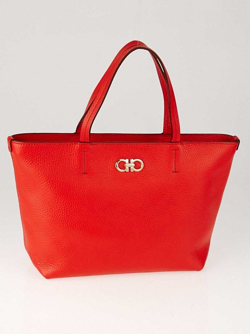 Salvatore Ferragamo Red Pebbled Leather Small Bice Shopping Tote Bag Yoogi s Closet