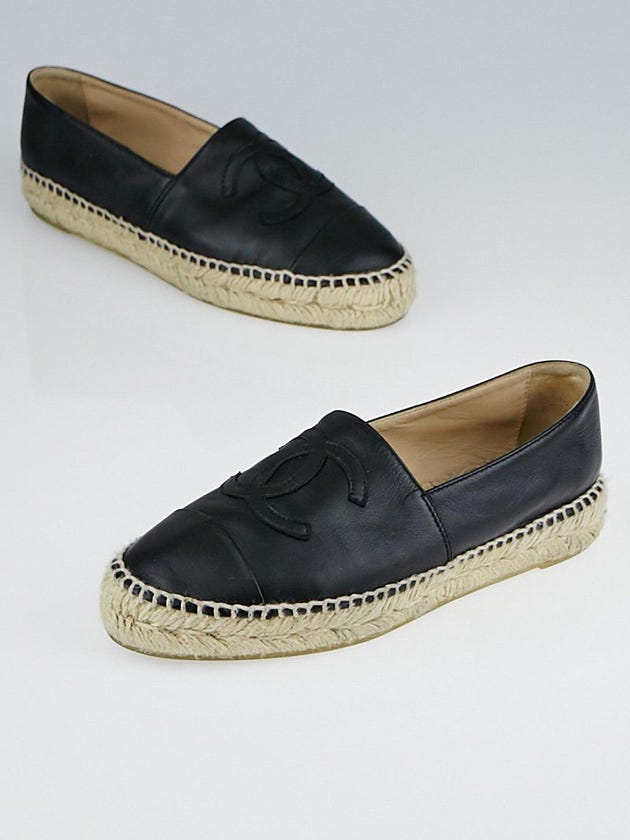 Chanel Black Lambskin Leather CC Espadrille Flats Size 5.5/36