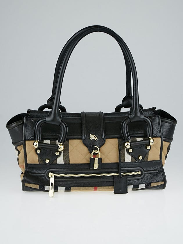 Burberry Black Leather House Check Quilted Canvas Large Manor Bag
