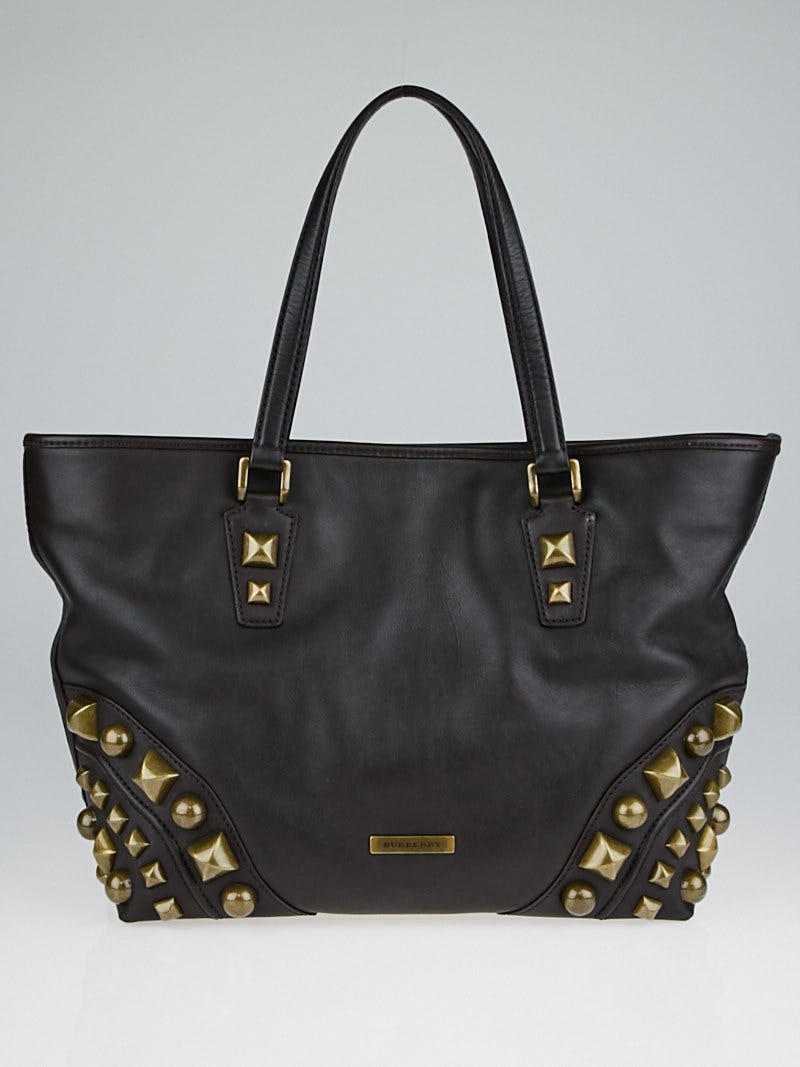 Burberry Brown Leather Mega Stud Nickie Tote Bag Yoogi s Closet