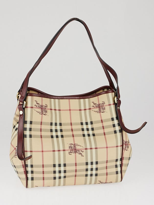 Burberry Burgundy Leather Haymarket Check Coated Canvas Canterbury Tote Bag