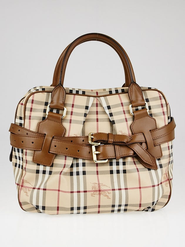 Burberry Toffee Leather Haymarket Check Coated Canvas Medium Bowden Bag