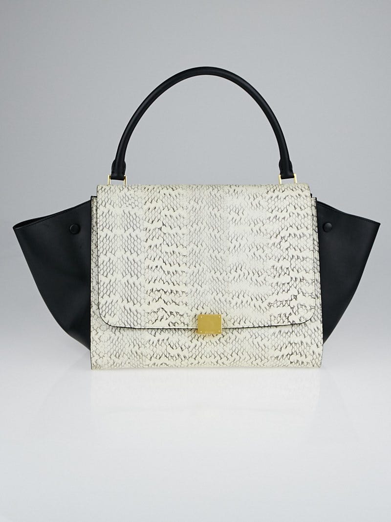 Celine White Snakeskin and Black Leather Large Trapeze Bag