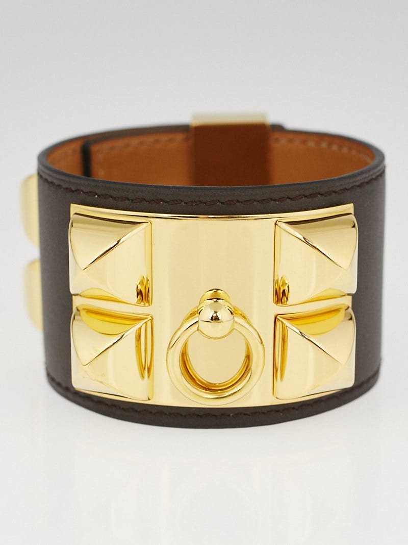 Hermes Chocolat Swift Leather Gold Plated Collier de Chien Bracelet Size S