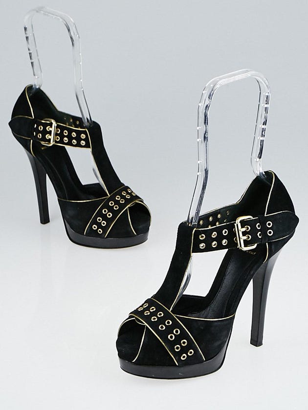Fendi Black Grommet-Embellished Suede T-Strap Sandals Size 7/37.5